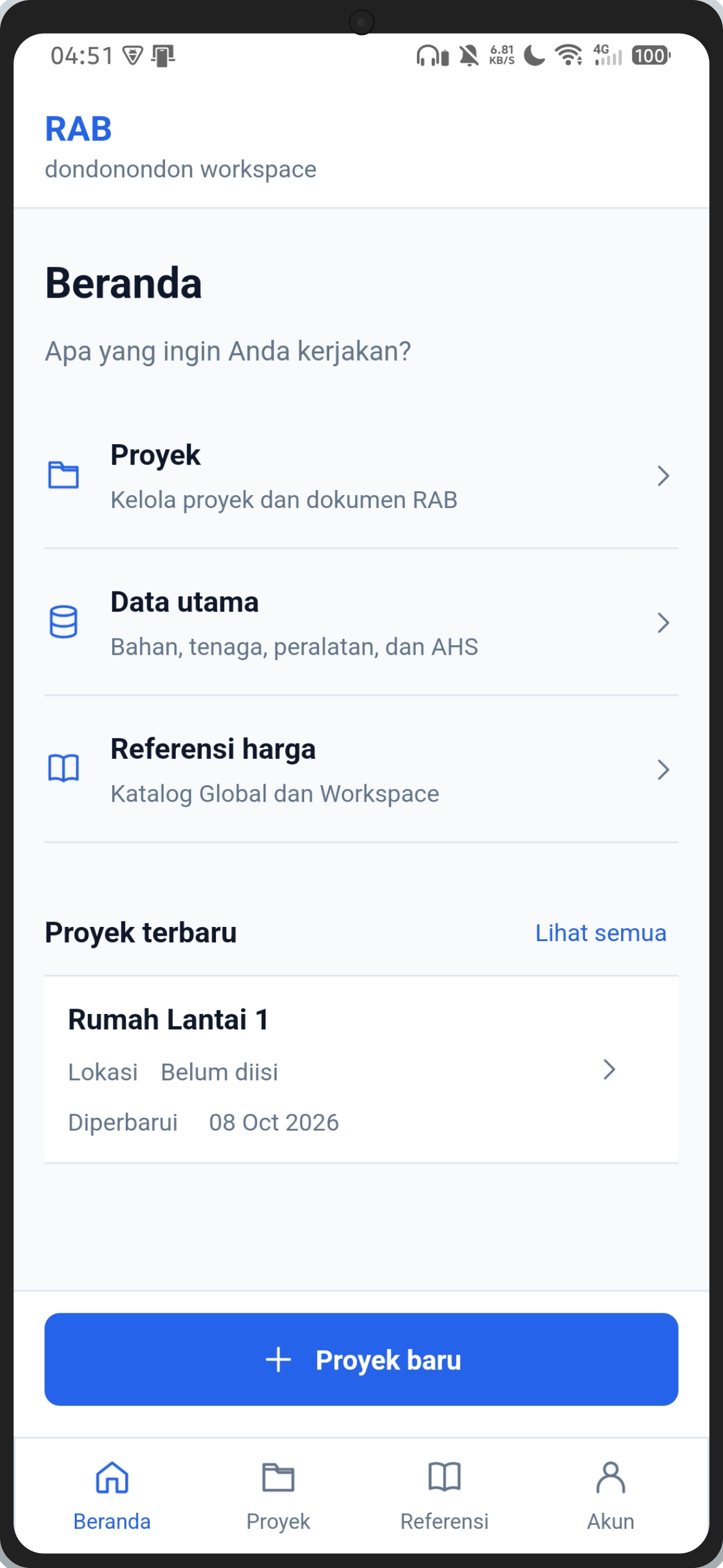 Tampilan mobile RAB: beranda untuk mengakses proyek dan referensi harga
