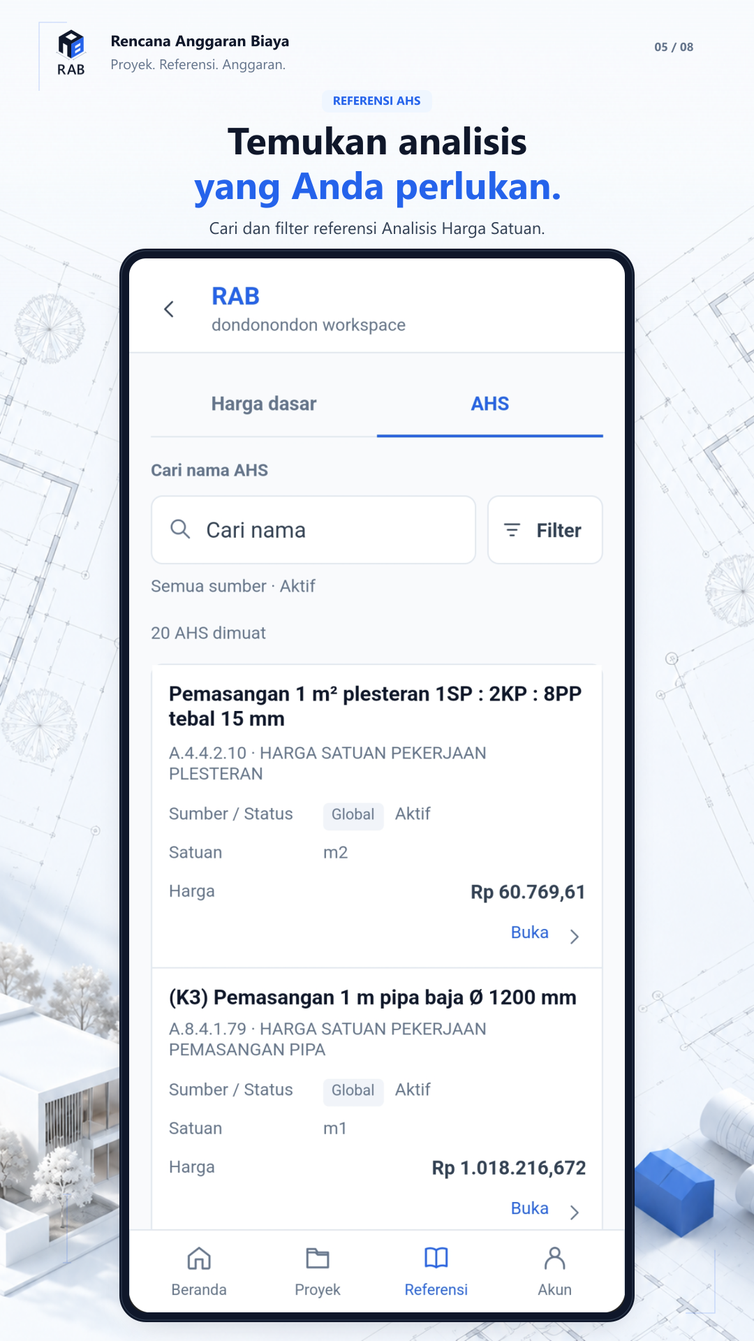 Daftar referensi AHS di aplikasi mobile RAB
