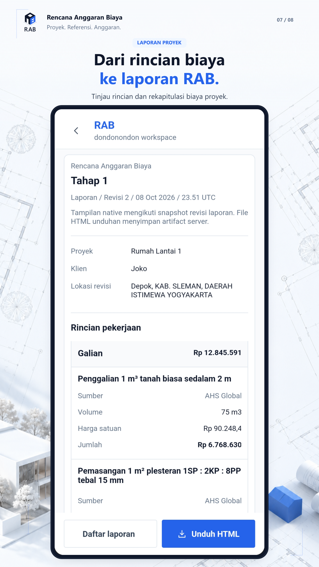 Laporan proyek dan rekapitulasi RAB di aplikasi mobile